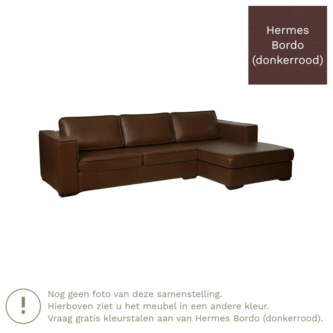 afbeelding van Leren hoekbank Fine - 3 zits arm links + longchair rechts - Hermes Bordo (donkerrood) - Poten hout zwart