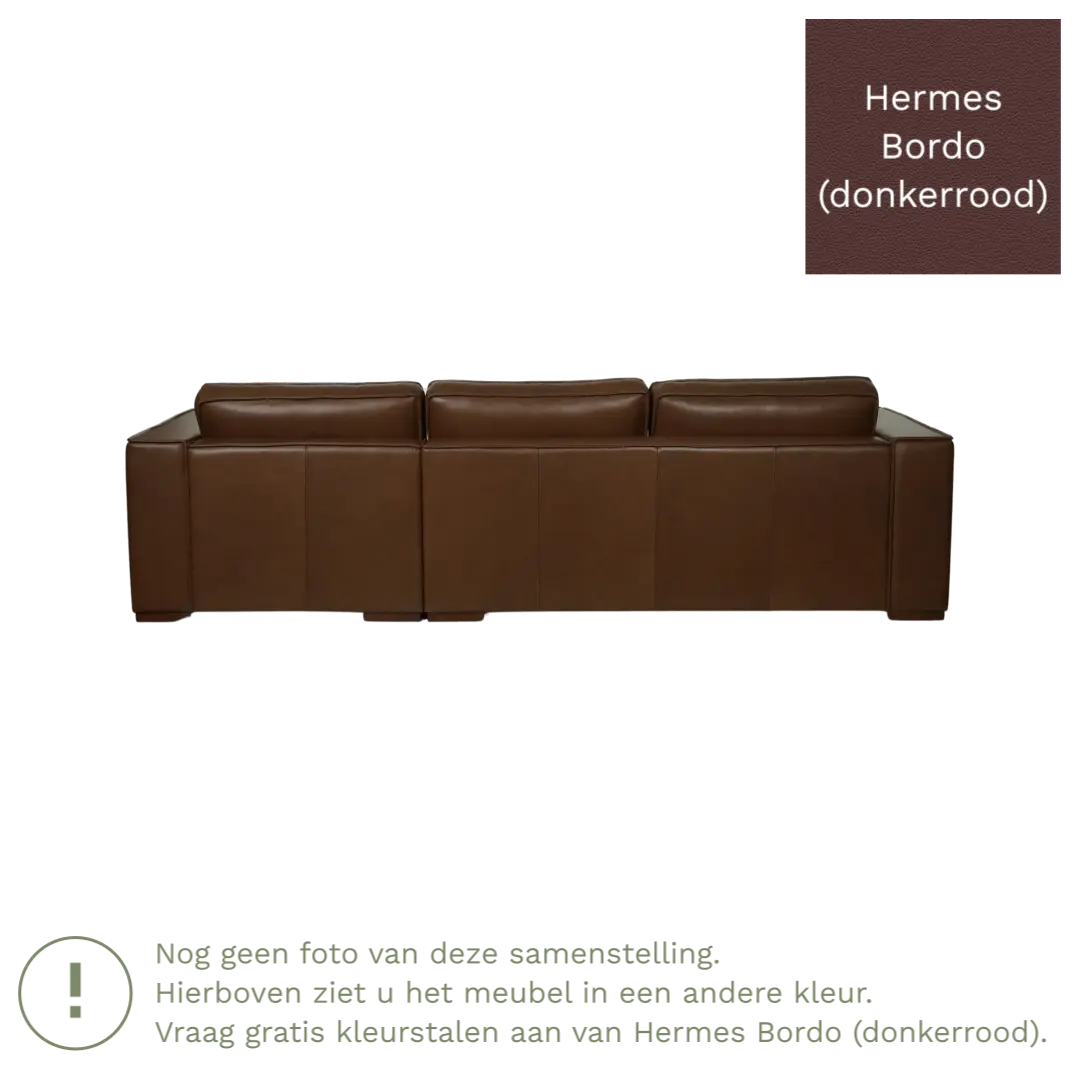 afbeelding van Leren hoekbank Fine - 3 zits arm links + longchair rechts - Hermes Bordo (donkerrood) - Poten hout zwart
