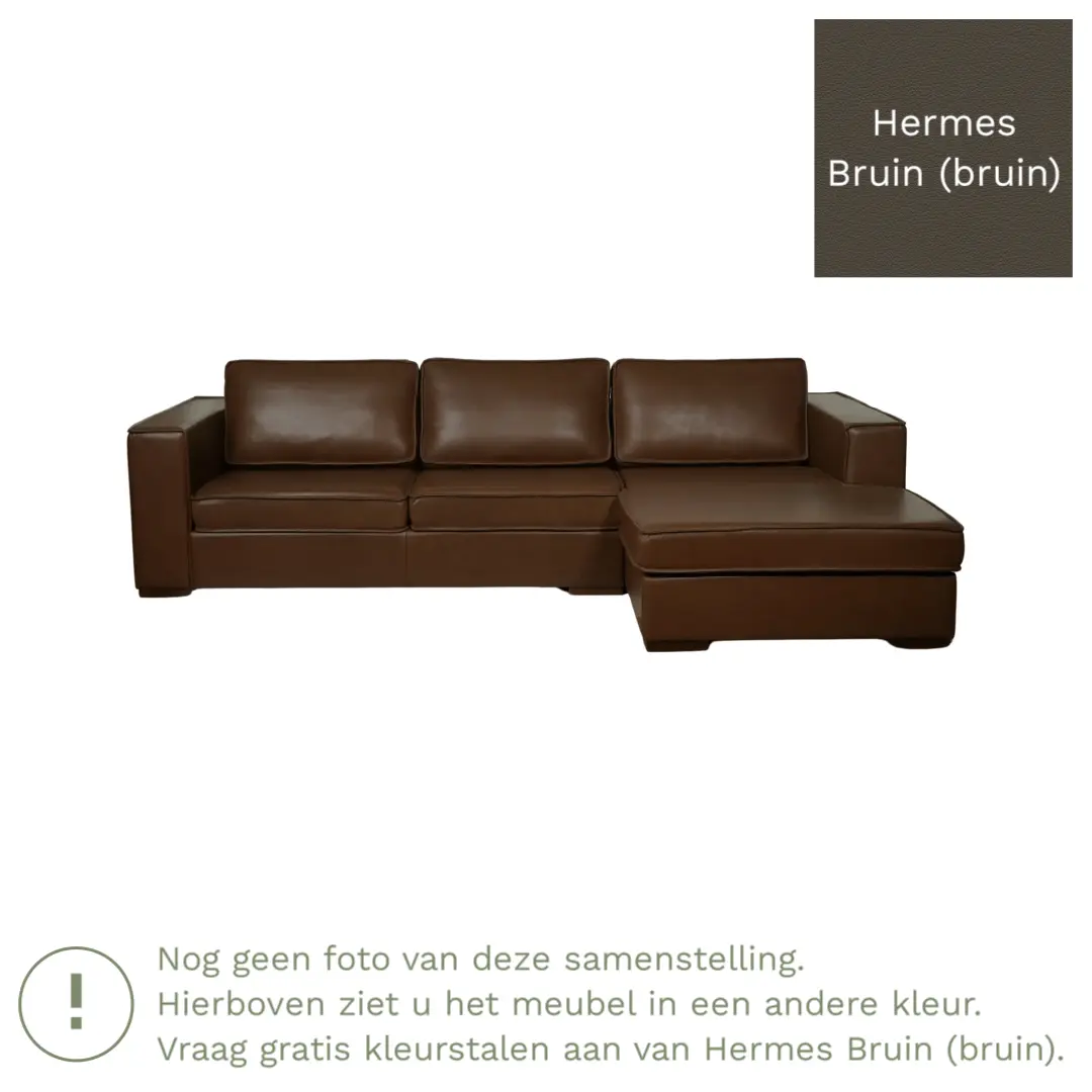 afbeelding van Leren hoekbank Fine - 3 zits arm links + longchair rechts - Hermes Bruin (bruin) - Poten hout zwart