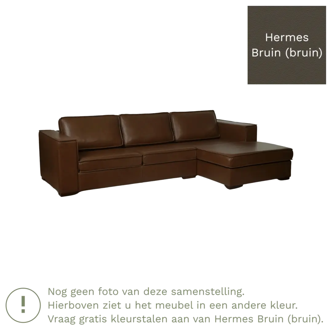 afbeelding van Leren hoekbank Fine - 3 zits arm links + longchair rechts - Hermes Bruin (bruin) - Poten hout zwart