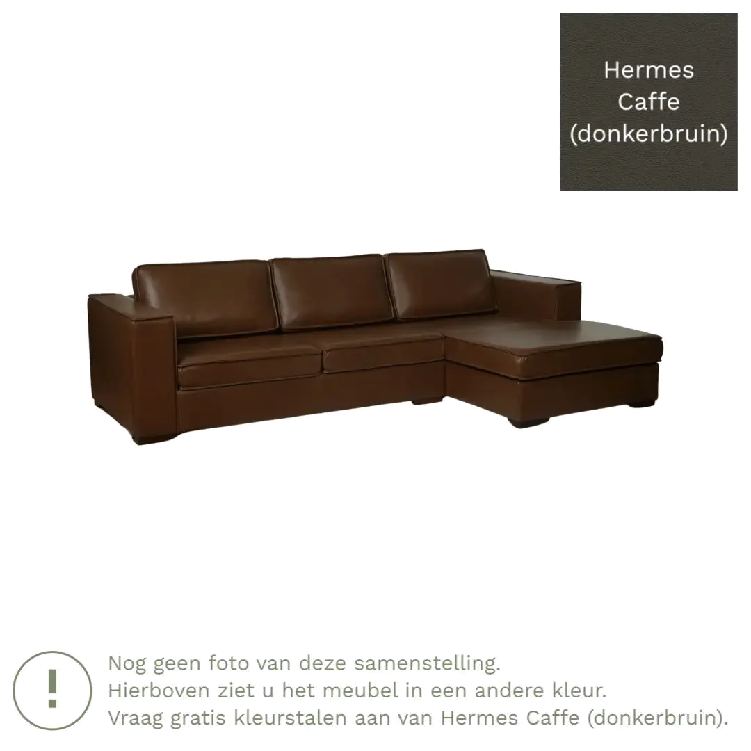 afbeelding van Leren hoekbank Fine - 3 zits arm links + longchair rechts - Hermes Caffe (donkerbruin) - Poten hout bruin