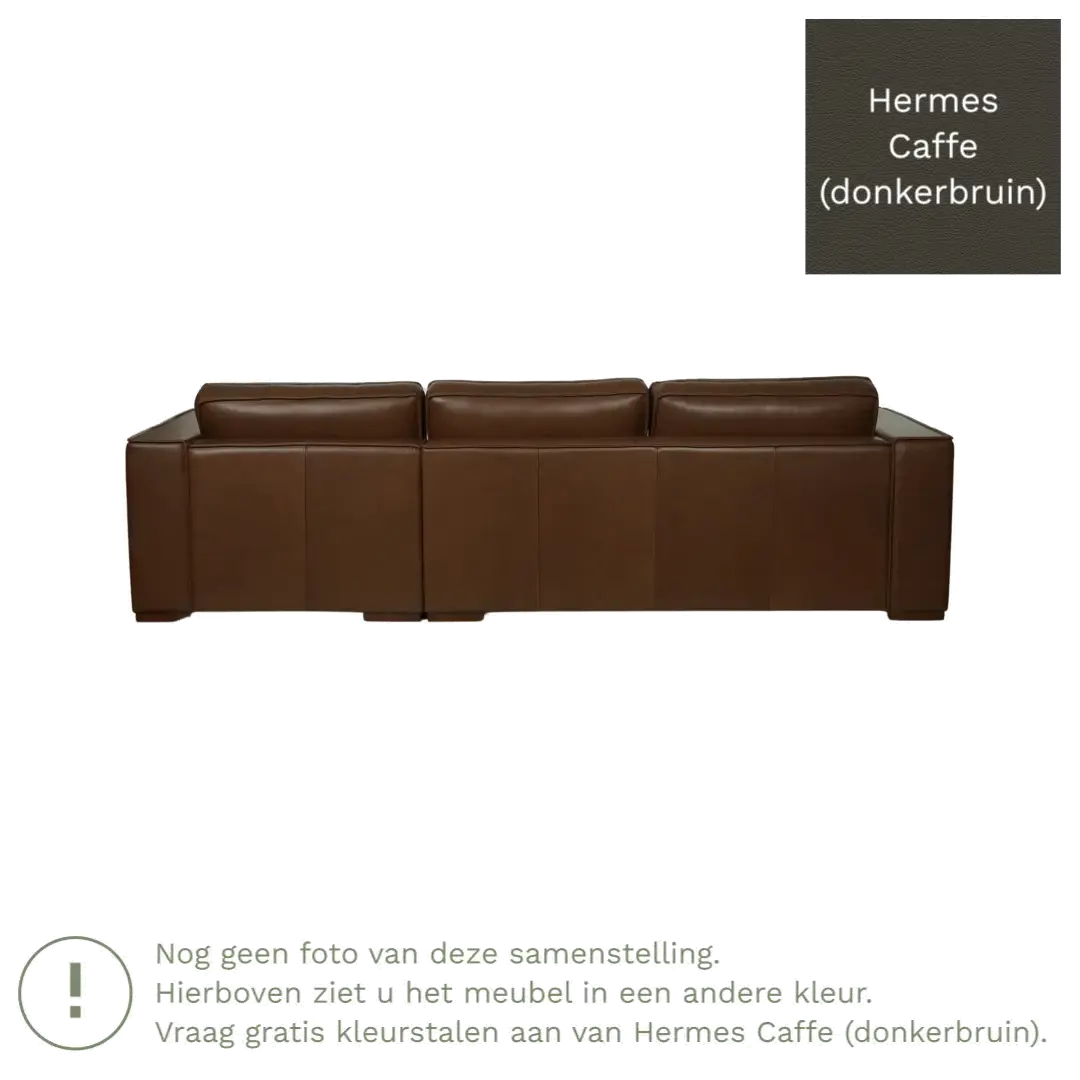 afbeelding van Leren hoekbank Fine - 3 zits arm links + longchair rechts - Hermes Caffe (donkerbruin) - Poten hout bruin