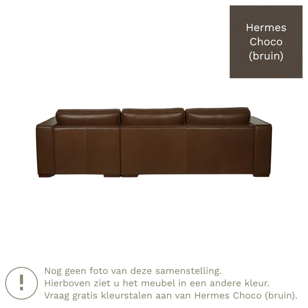 afbeelding van Leren hoekbank Fine - 3 zits arm links + longchair rechts - Hermes Choco (bruin) - Poten hout zwart