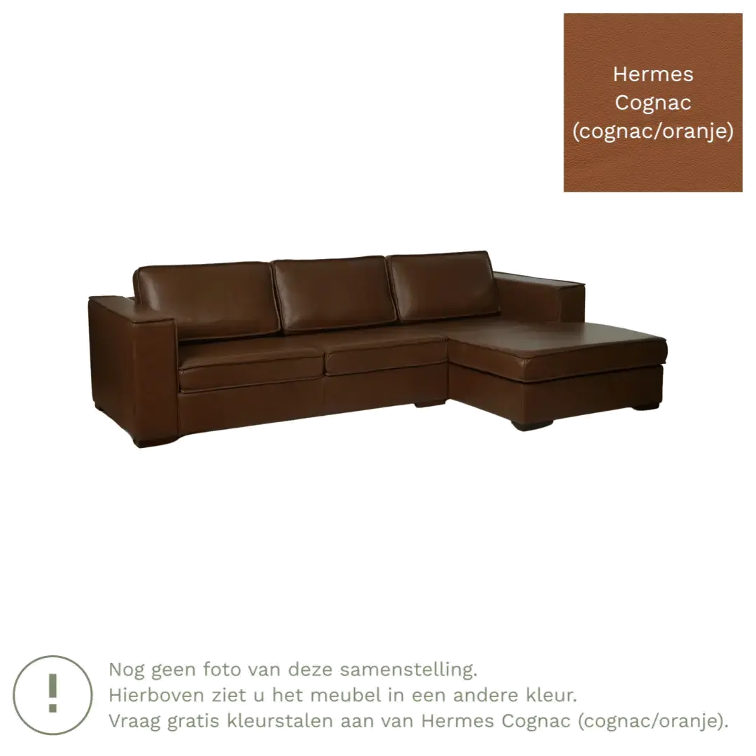 afbeelding van Leren hoekbank Fine - 3 zits arm links + longchair rechts - Hermes Cognac (cognac/oranje) - Poten hout bruin