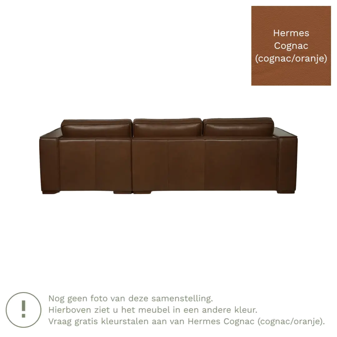 afbeelding van Leren hoekbank Fine - 3 zits arm links + longchair rechts - Hermes Cognac (cognac/oranje) - Poten hout bruin