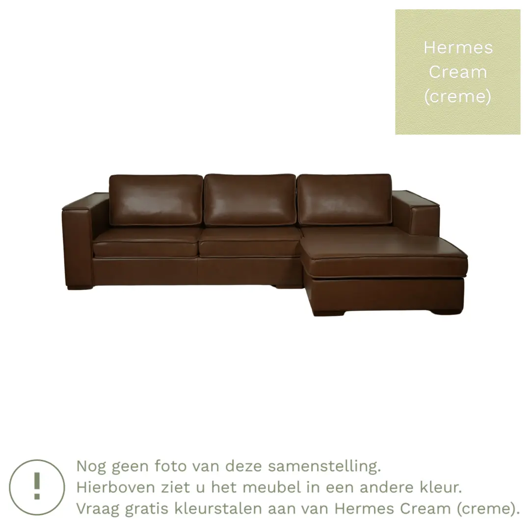 afbeelding van Leren hoekbank Fine - 3 zits arm links + longchair rechts - Hermes Cream (crème) - Poten hout zwart