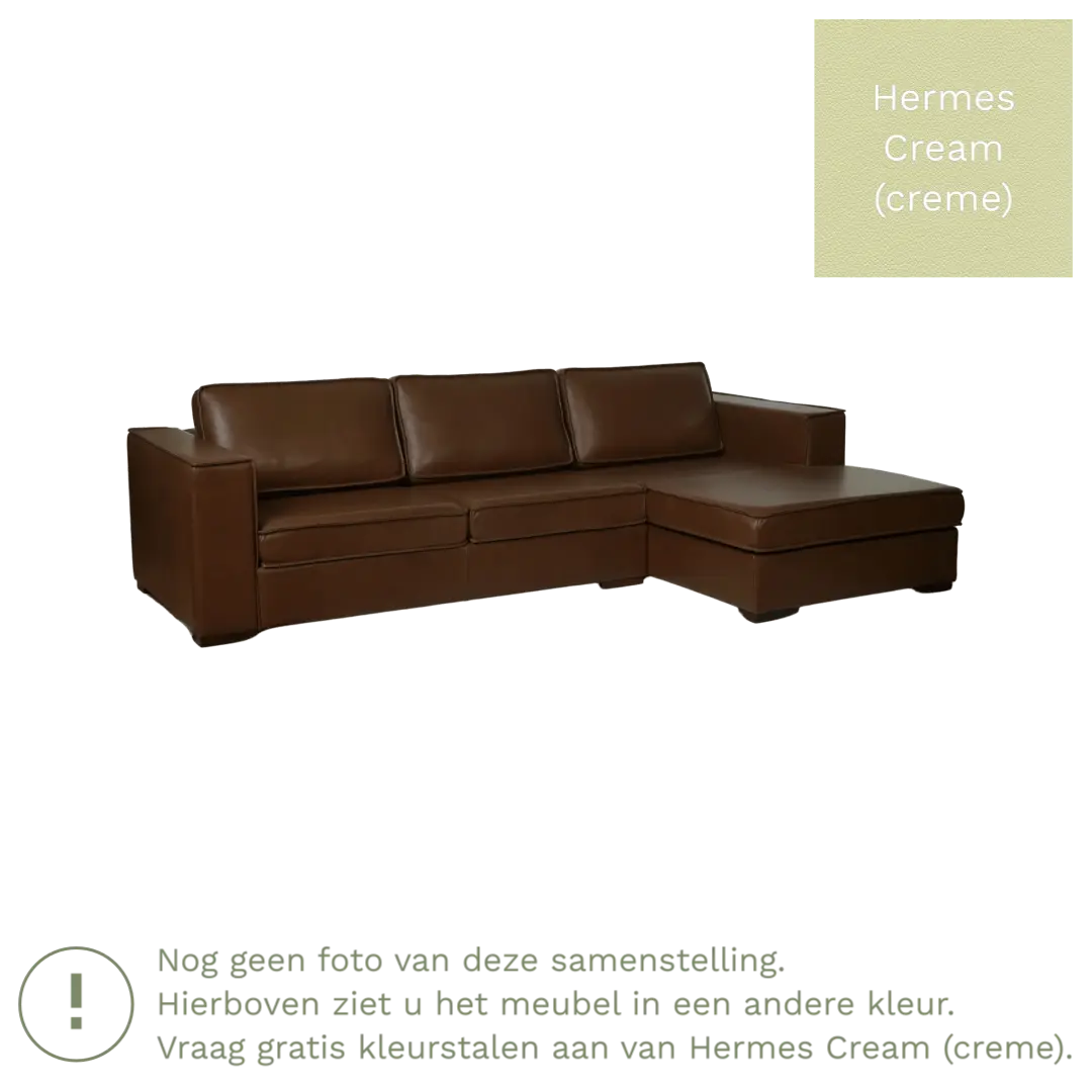 afbeelding van Leren hoekbank Fine - 3 zits arm links + longchair rechts - Hermes Cream (crème) - Poten hout zwart