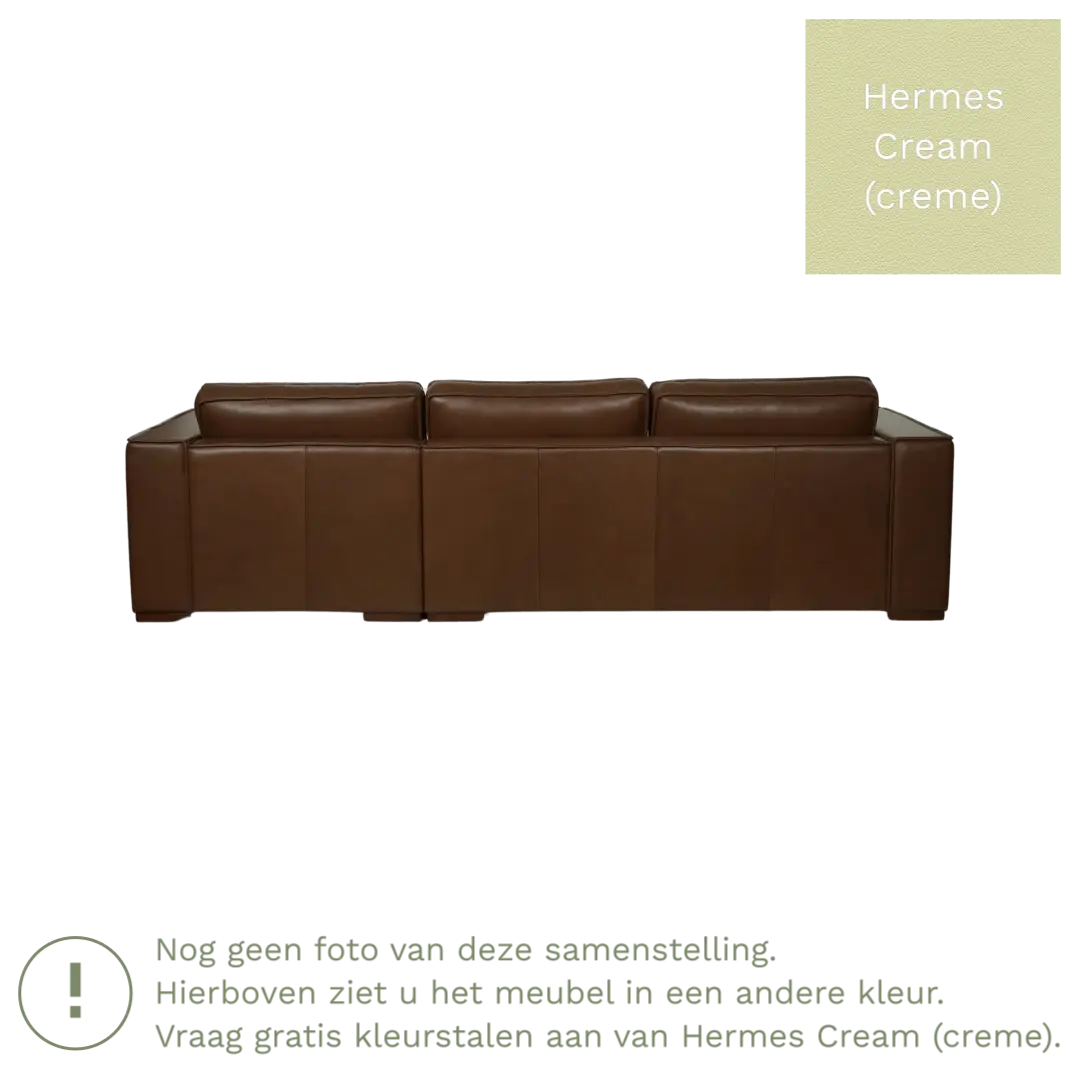 afbeelding van Leren hoekbank Fine - 3 zits arm links + longchair rechts - Hermes Cream (crème) - Poten hout zwart