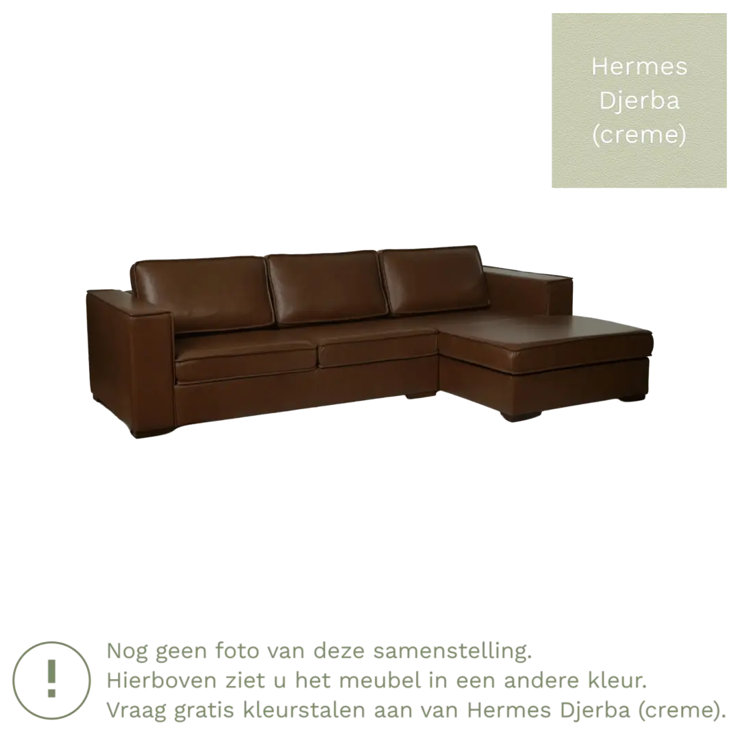 afbeelding van Leren hoekbank Fine - 3 zits arm links + longchair rechts - Hermes Djerba (crème) - Poten hout bruin