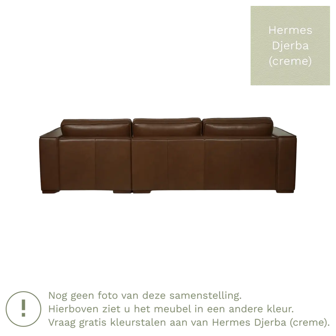 afbeelding van Leren hoekbank Fine - 3 zits arm links + longchair rechts - Hermes Djerba (crème) - Poten hout bruin