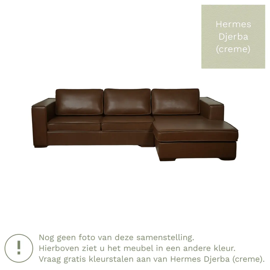 afbeelding van Leren hoekbank Fine - 3 zits arm links + longchair rechts - Hermes Djerba (crème) - Poten hout zwart