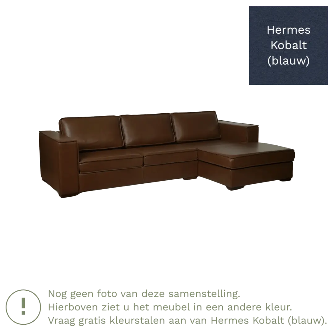 afbeelding van Leren hoekbank Fine - 3 zits arm links + longchair rechts - Hermes Kobalt (blauw) - Poten hout bruin