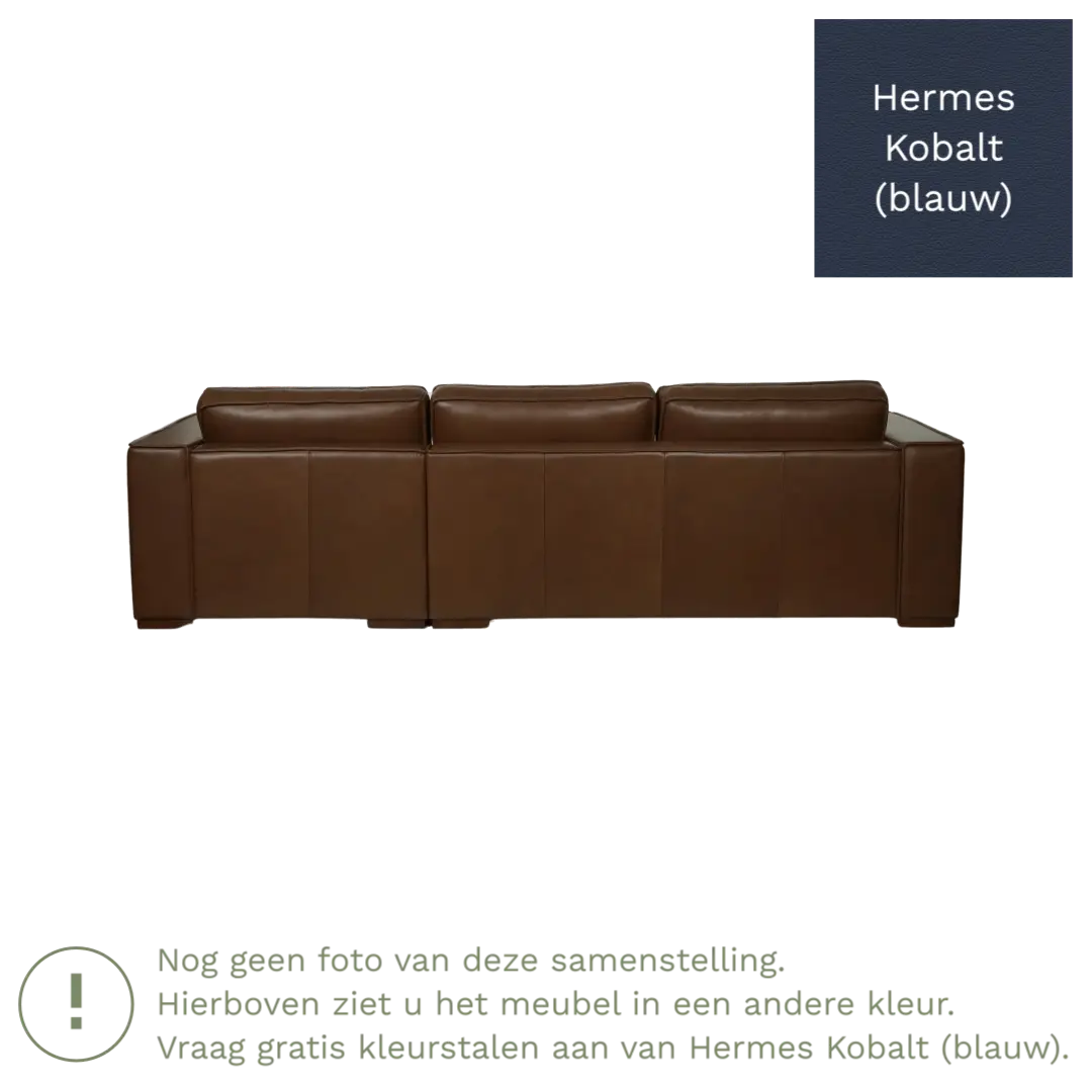 afbeelding van Leren hoekbank Fine - 3 zits arm links + longchair rechts - Hermes Kobalt (blauw) - Poten hout bruin
