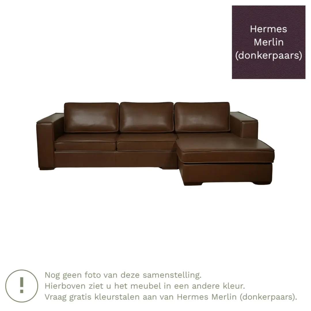 afbeelding van Leren hoekbank Fine - 3 zits arm links + longchair rechts - Hermes Merlin (donkerpaars) - Poten hout zwart