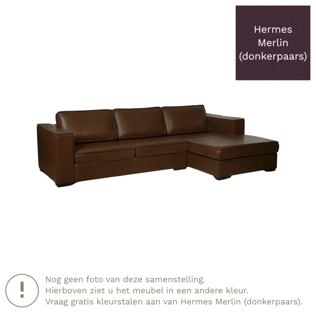 afbeelding van Leren hoekbank Fine - 3 zits arm links + longchair rechts - Hermes Merlin (donkerpaars) - Poten hout zwart