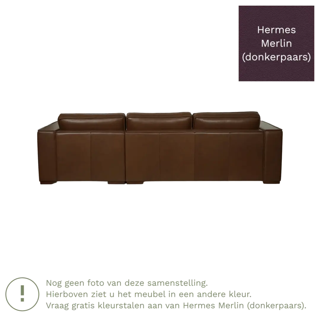 afbeelding van Leren hoekbank Fine - 3 zits arm links + longchair rechts - Hermes Merlin (donkerpaars) - Poten hout zwart