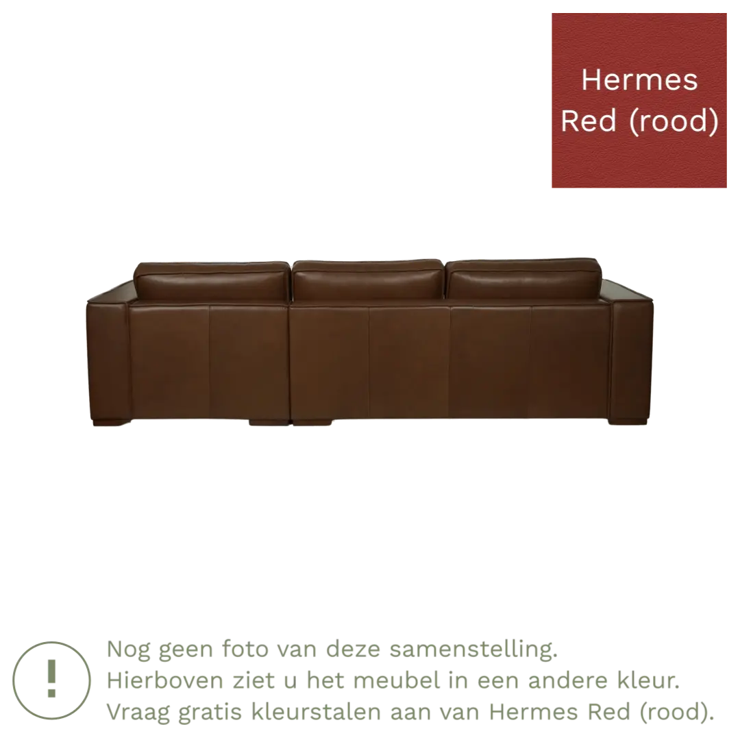 afbeelding van Leren hoekbank Fine - 3 zits arm links + longchair rechts - Hermes Red (rood) - Poten hout bruin