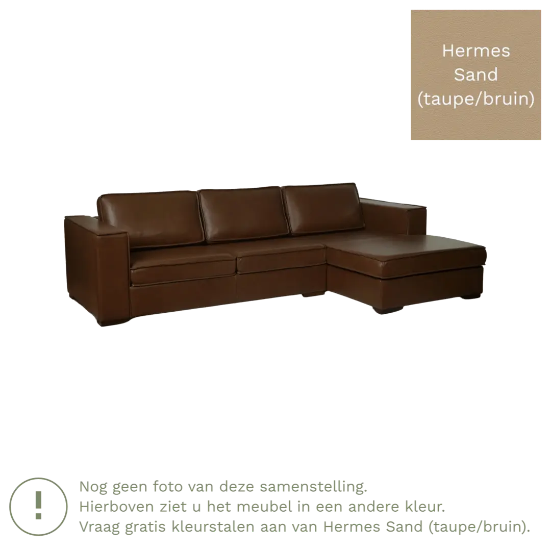 afbeelding van Leren hoekbank Fine - 3 zits arm links + longchair rechts - Hermes Sand (taupe/bruin) - Poten hout bruin