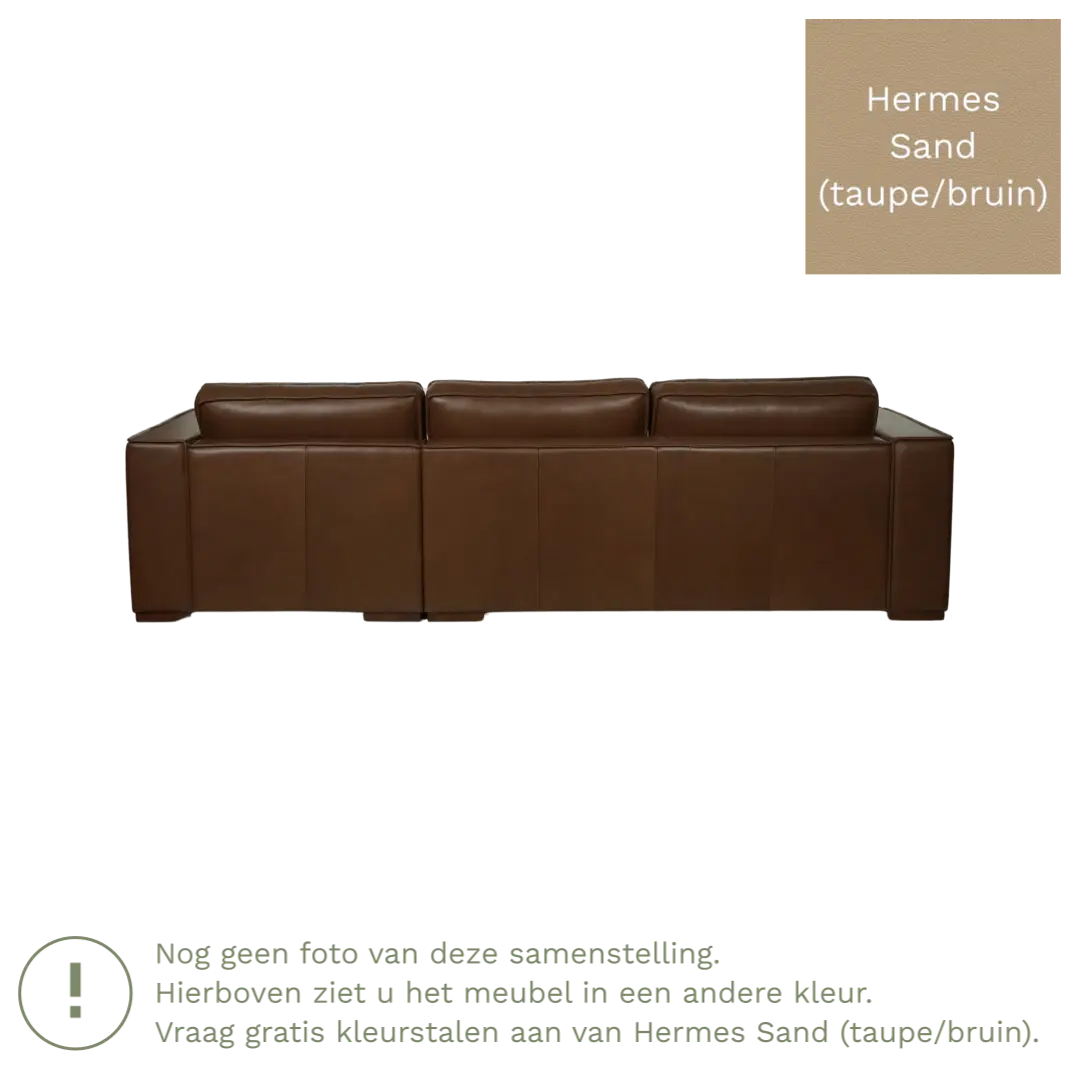 afbeelding van Leren hoekbank Fine - 3 zits arm links + longchair rechts - Hermes Sand (taupe/bruin) - Poten hout bruin