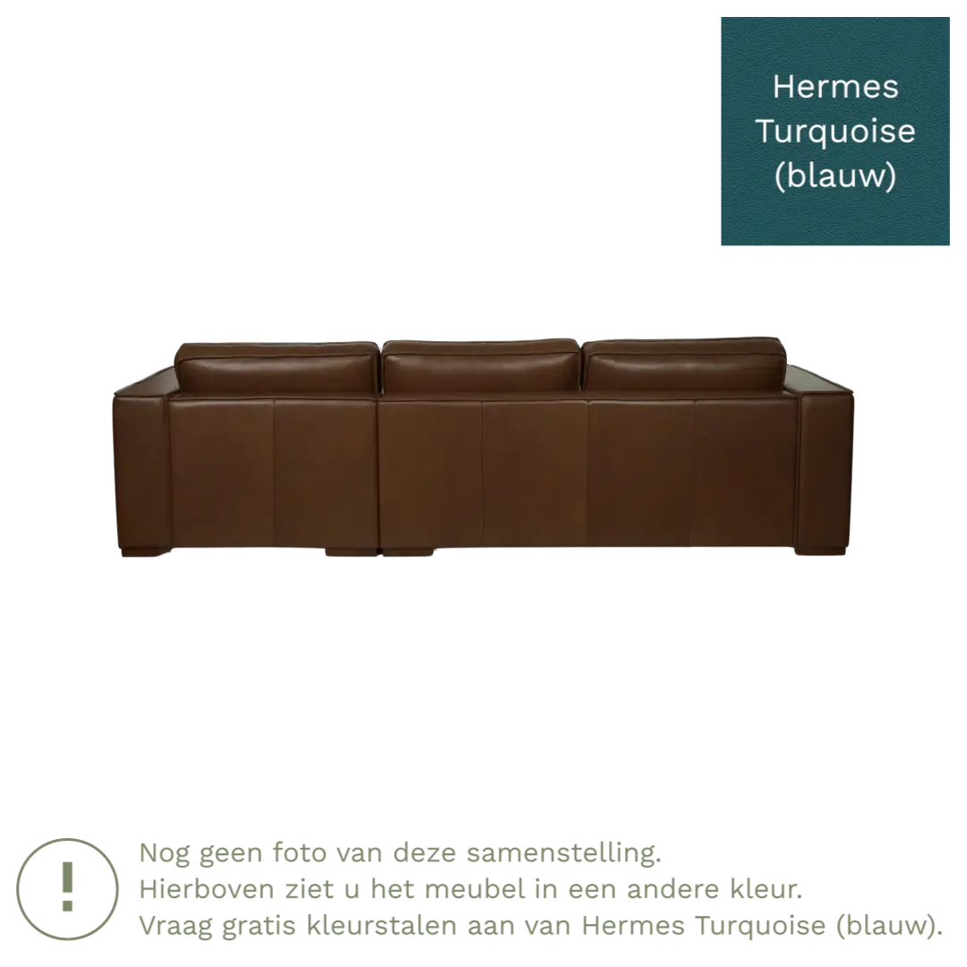 afbeelding van Leren hoekbank Fine - 3 zits arm links + longchair rechts - Hermes Turquoise (blauw) - Poten hout bruin