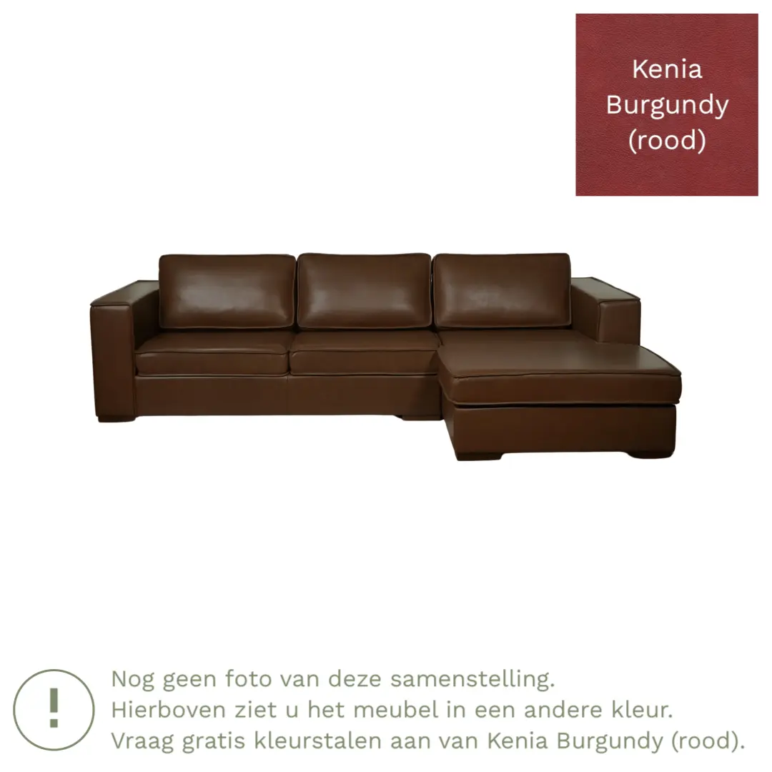 afbeelding van Leren hoekbank Fine - 3 zits arm links + longchair rechts - Kenia Burgundy (rood) - Poten hout zwart