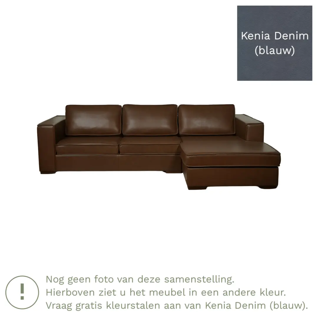 afbeelding van Leren hoekbank Fine - 3 zits arm links + longchair rechts - Kenia Denim (blauw) - Poten hout bruin