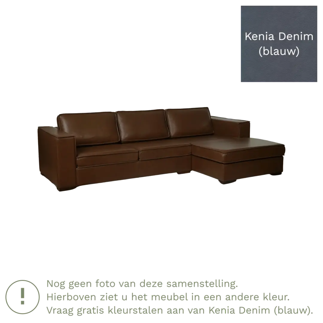 afbeelding van Leren hoekbank Fine - 3 zits arm links + longchair rechts - Kenia Denim (blauw) - Poten hout bruin