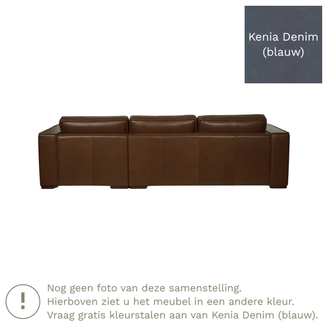afbeelding van Leren hoekbank Fine - 3 zits arm links + longchair rechts - Kenia Denim (blauw) - Poten hout bruin