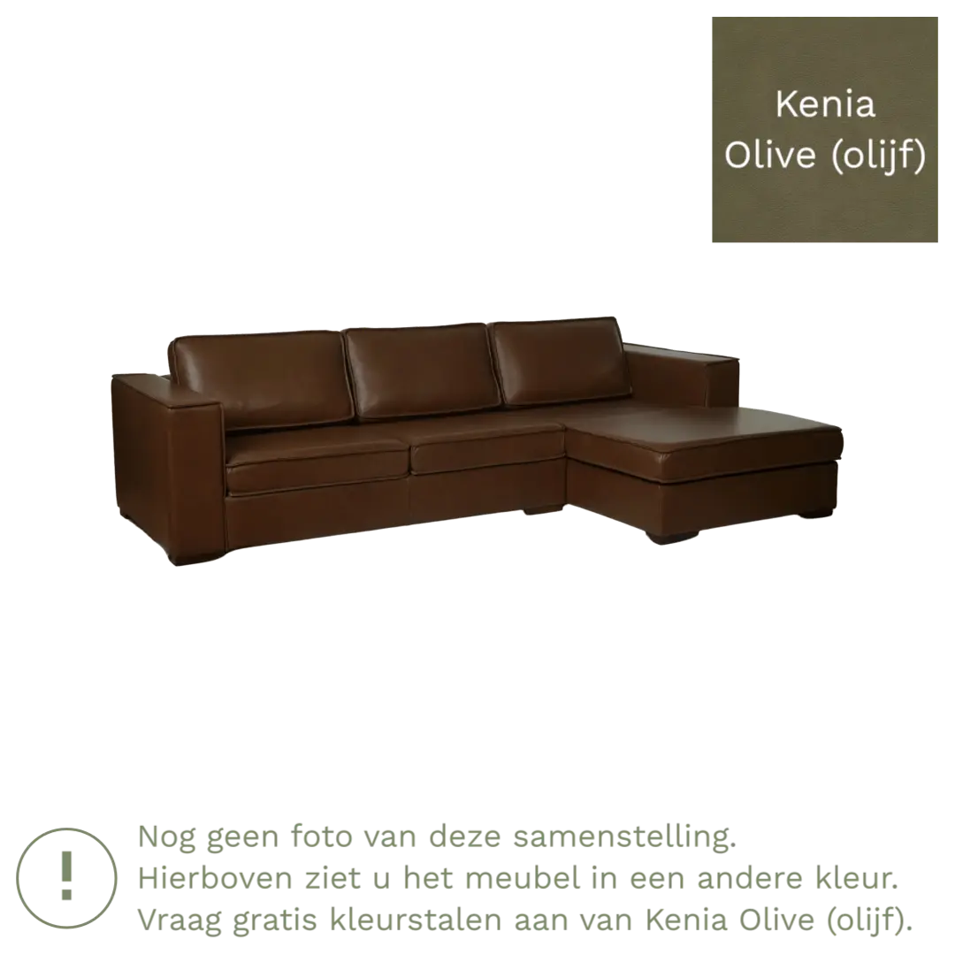 afbeelding van Leren hoekbank Fine - 3 zits arm links + longchair rechts - Kenia Olive (olijf) - Poten hout zwart