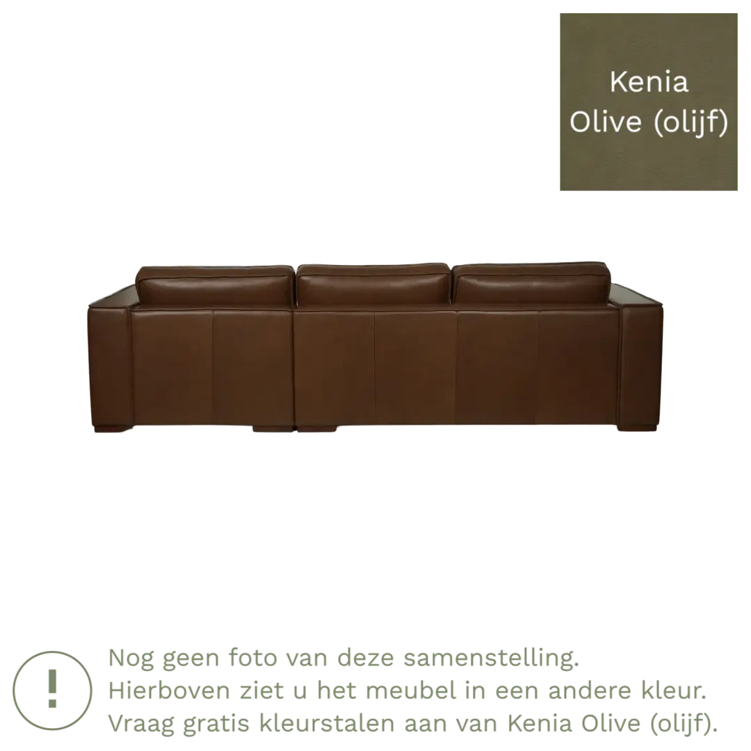 afbeelding van Leren hoekbank Fine - 3 zits arm links + longchair rechts - Kenia Olive (olijf) - Poten hout zwart