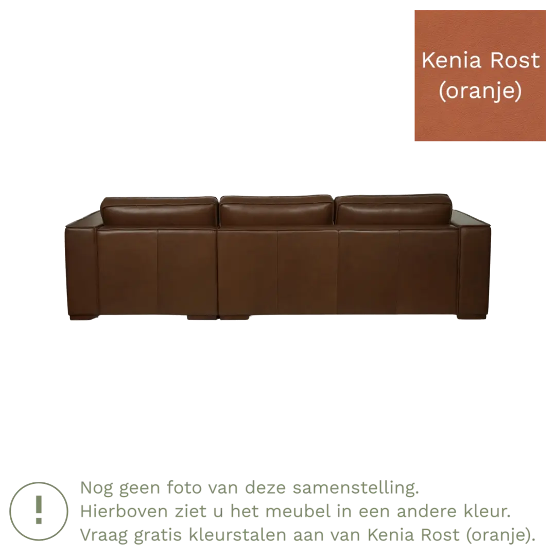 afbeelding van Leren hoekbank Fine - 3 zits arm links + longchair rechts - Kenia Rost (oranje) - Poten hout bruin