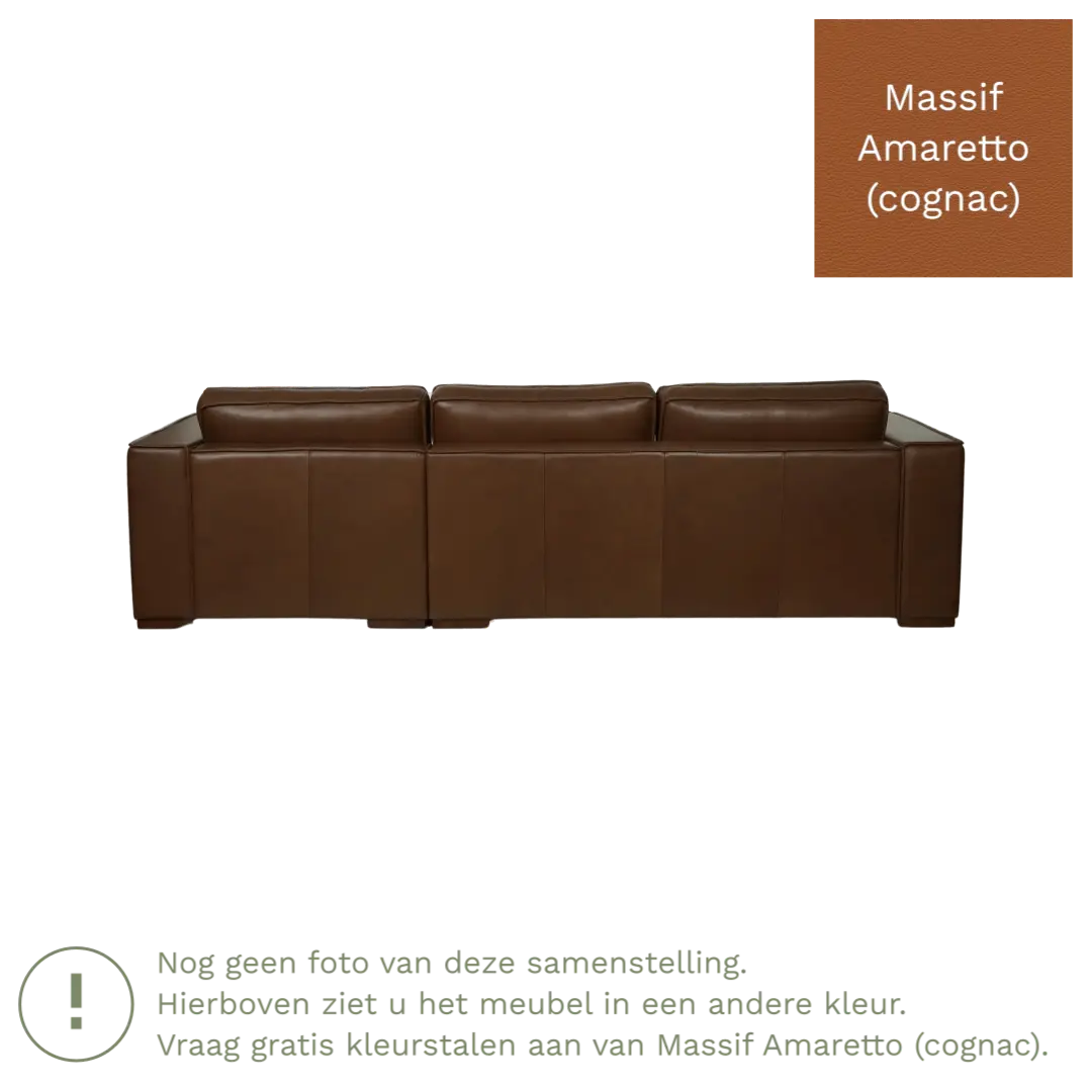 afbeelding van Leren hoekbank Fine - 3 zits arm links + longchair rechts - Massif Amaretto (cognac) - Poten hout bruin