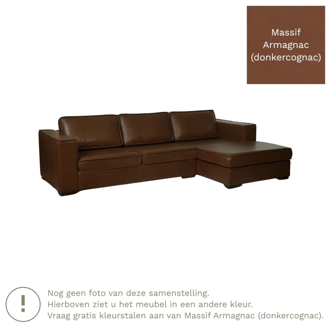 afbeelding van Leren hoekbank Fine - 3 zits arm links + longchair rechts - Massif Armagnac (donkercognac) - Poten hout zwart