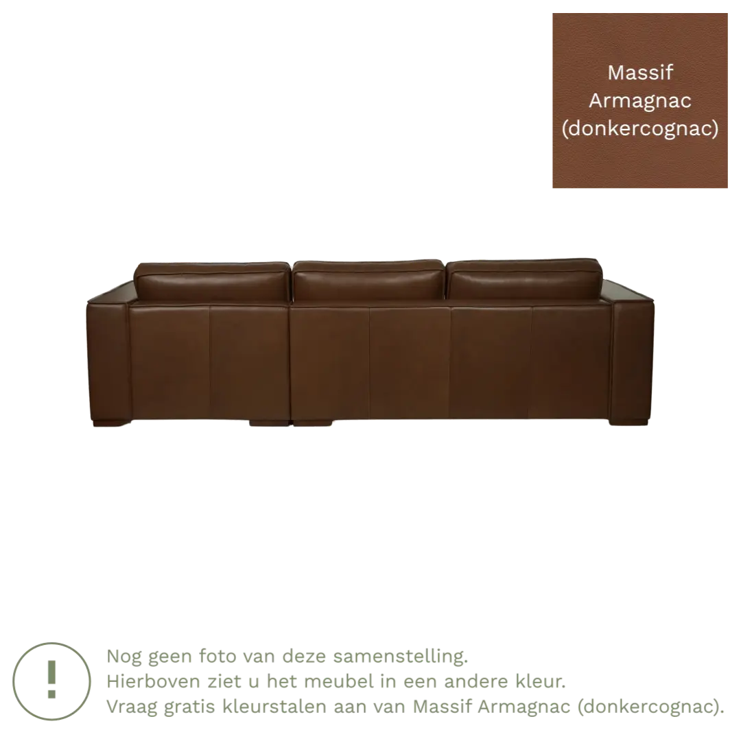 afbeelding van Leren hoekbank Fine - 3 zits arm links + longchair rechts - Massif Armagnac (donkercognac) - Poten hout zwart