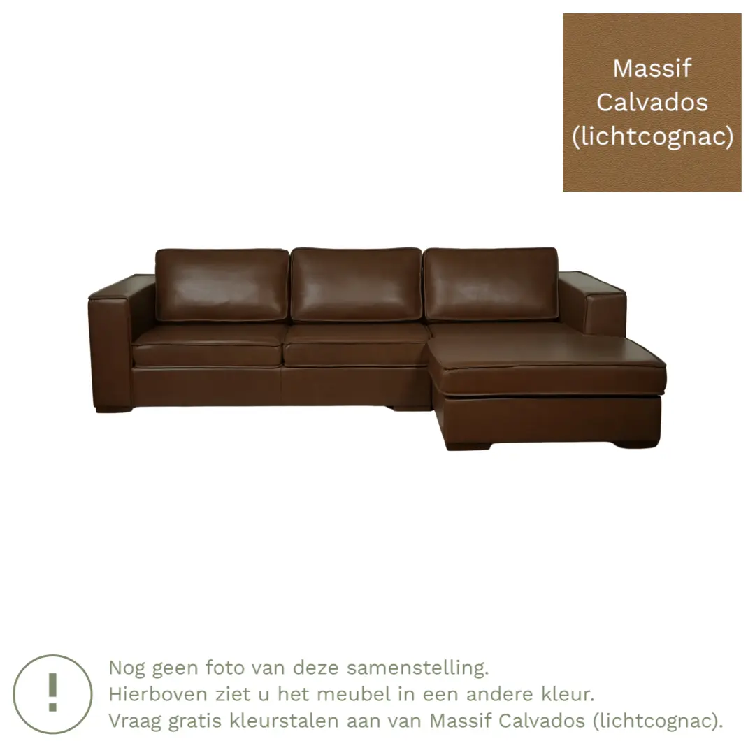 afbeelding van Leren hoekbank Fine - 3 zits arm links + longchair rechts - Massif Calvados (lichtcognac) - Poten hout zwart