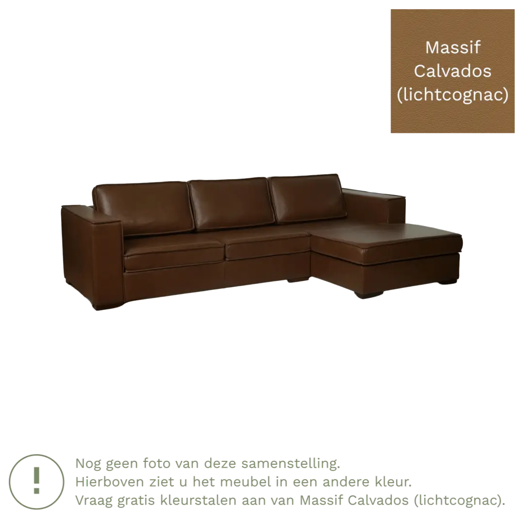 afbeelding van Leren hoekbank Fine - 3 zits arm links + longchair rechts - Massif Calvados (lichtcognac) - Poten hout zwart