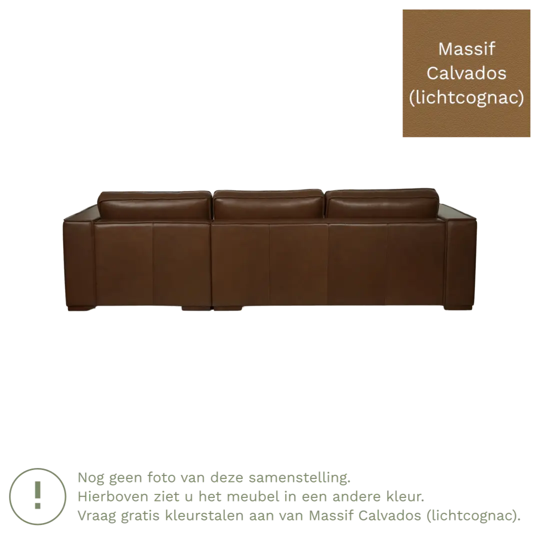 afbeelding van Leren hoekbank Fine - 3 zits arm links + longchair rechts - Massif Calvados (lichtcognac) - Poten hout zwart