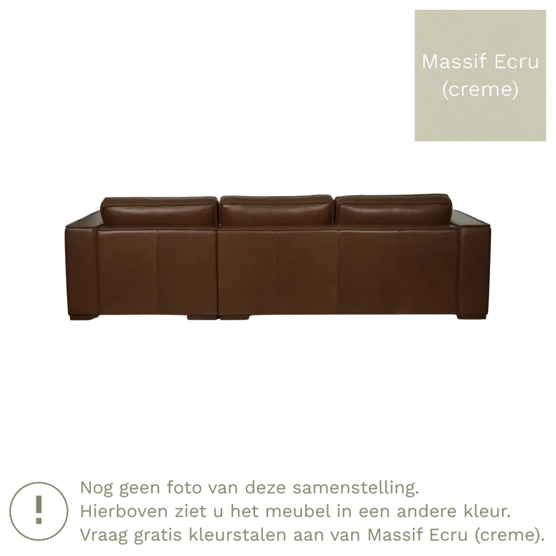 afbeelding van Leren hoekbank Fine - 3 zits arm links + longchair rechts - Massif Ecru (crème) - Poten hout bruin