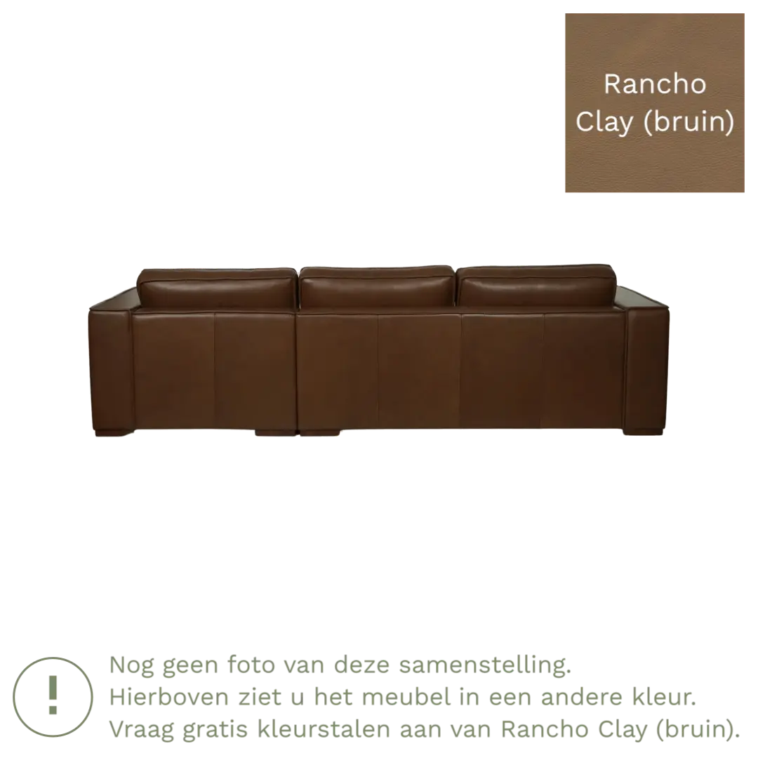 afbeelding van Leren hoekbank Fine - 3 zits arm links + longchair rechts - Rancho Clay (bruin) - Poten hout zwart