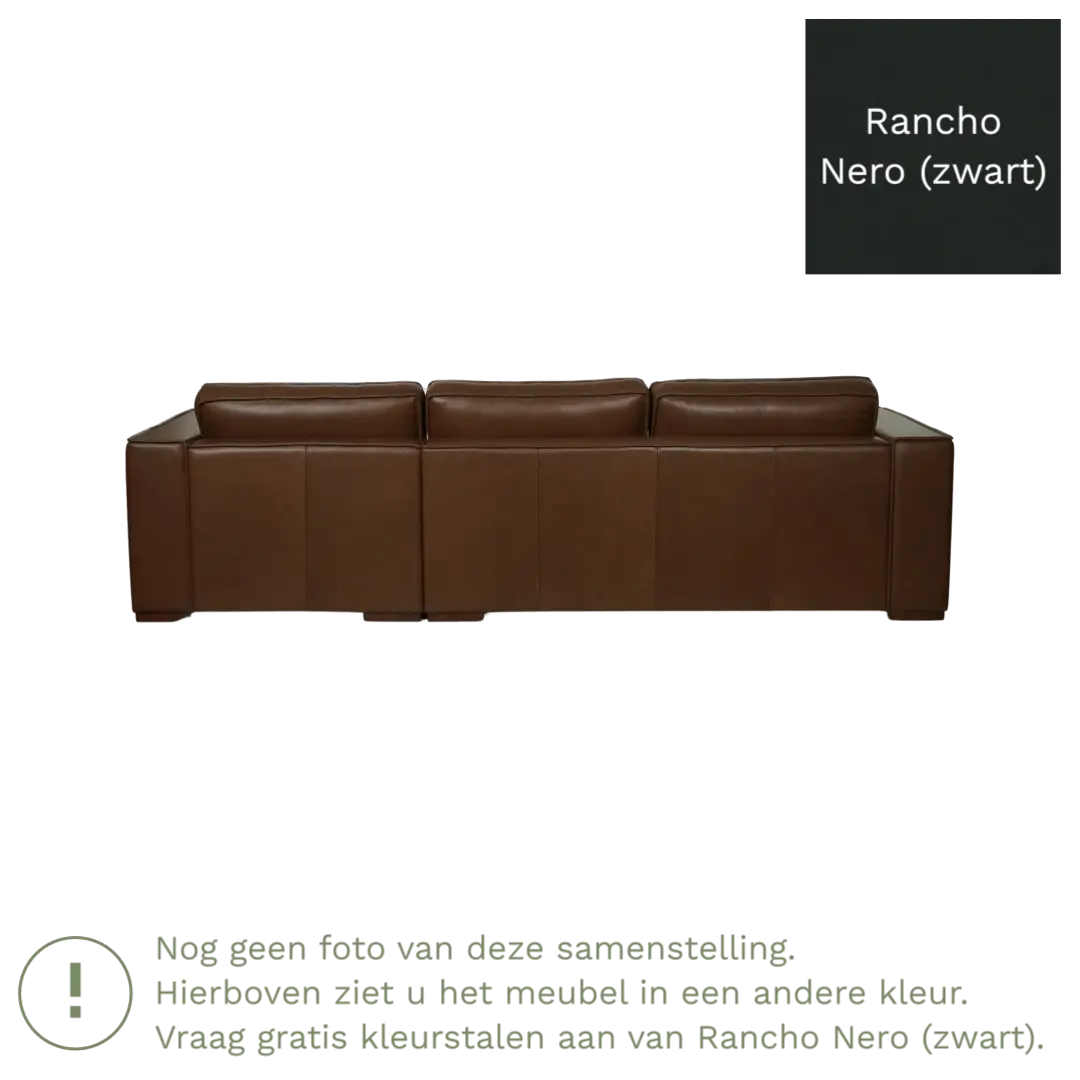 afbeelding van Leren hoekbank Fine - 3 zits arm links + longchair rechts - Rancho Nero (zwart) - Poten hout bruin