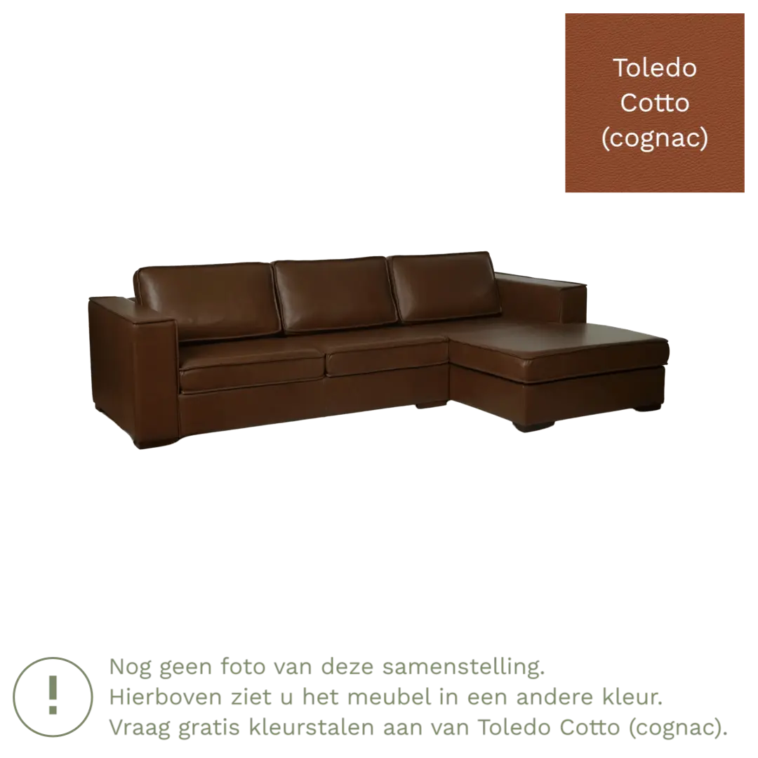 afbeelding van Leren hoekbank Fine - 3 zits arm links + longchair rechts - Toledo Cotto (cognac) - Poten hout zwart