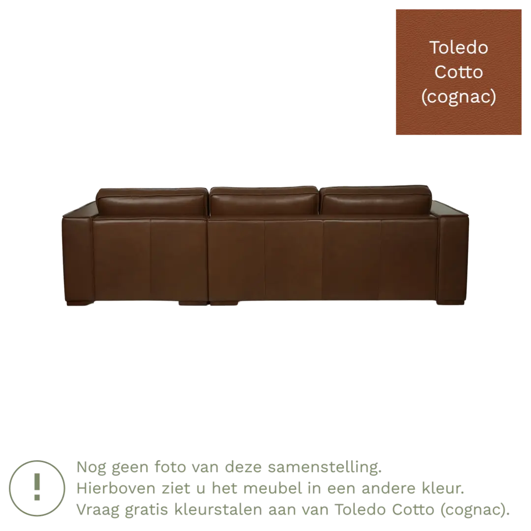 afbeelding van Leren hoekbank Fine - 3 zits arm links + longchair rechts - Toledo Cotto (cognac) - Poten hout zwart