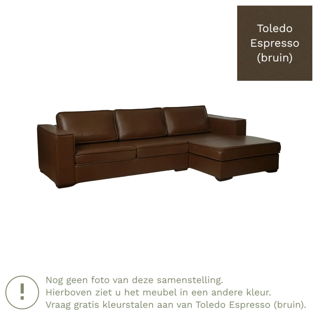 afbeelding van Leren hoekbank Fine - 3 zits arm links + longchair rechts - Toledo Espresso (bruin) - Poten hout bruin