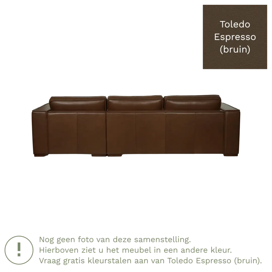 afbeelding van Leren hoekbank Fine - 3 zits arm links + longchair rechts - Toledo Espresso (bruin) - Poten hout bruin