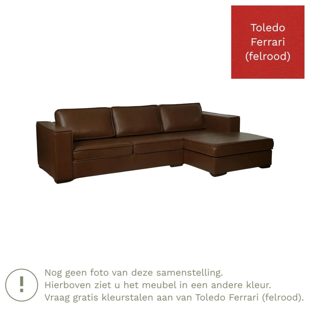 afbeelding van Leren hoekbank Fine - 3 zits arm links + longchair rechts - Toledo Ferrari (felrood) - Poten hout bruin