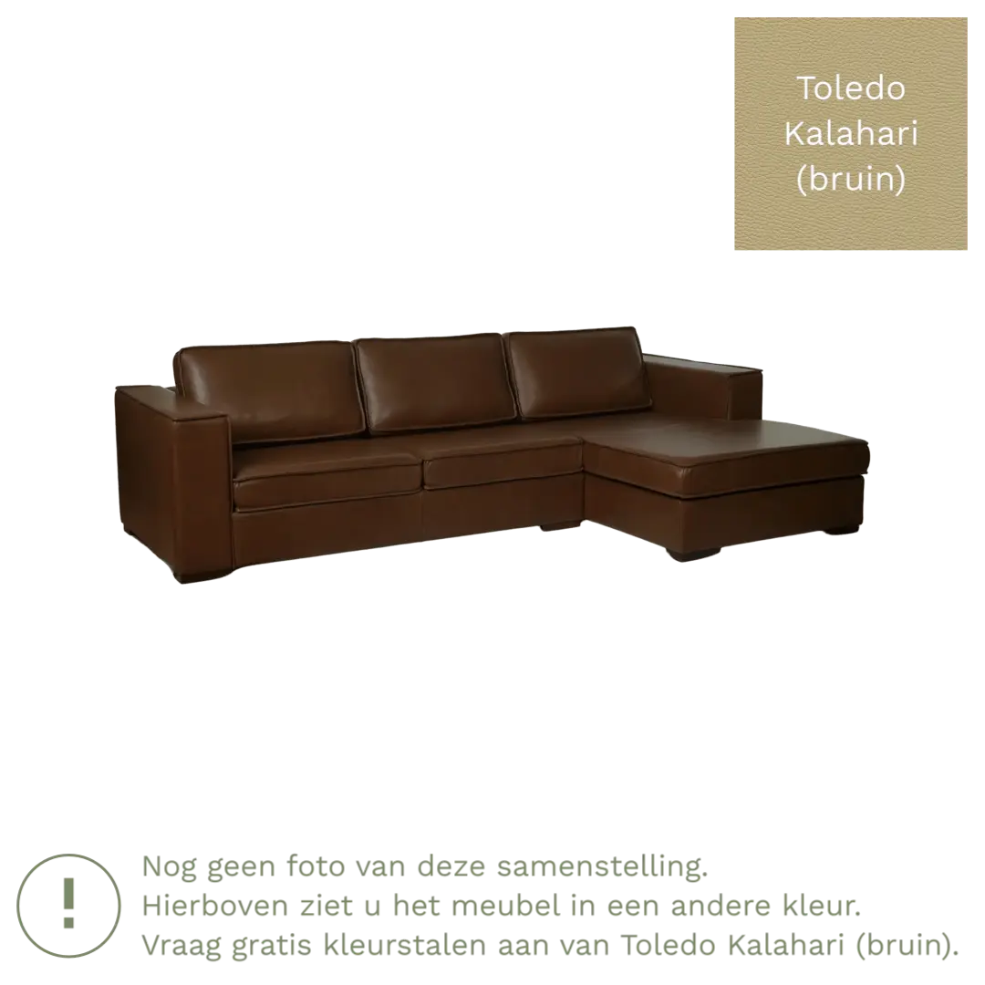 afbeelding van Leren hoekbank Fine - 3 zits arm links + longchair rechts - Toledo Kalahari (bruin) - Poten hout bruin