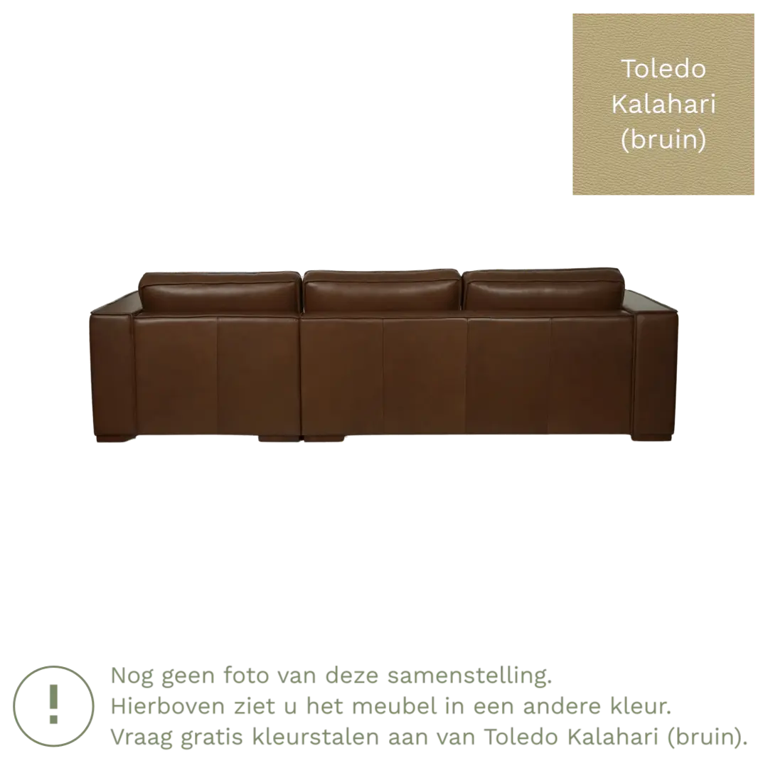 afbeelding van Leren hoekbank Fine - 3 zits arm links + longchair rechts - Toledo Kalahari (bruin) - Poten hout bruin