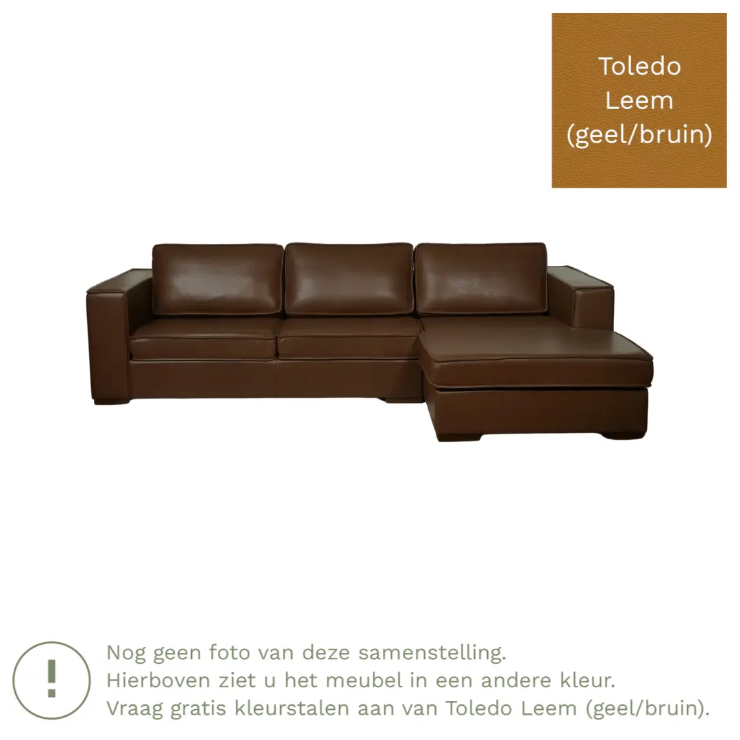 afbeelding van Leren hoekbank Fine - 3 zits arm links + longchair rechts - Toledo Leem (geel/bruin) - Poten hout zwart