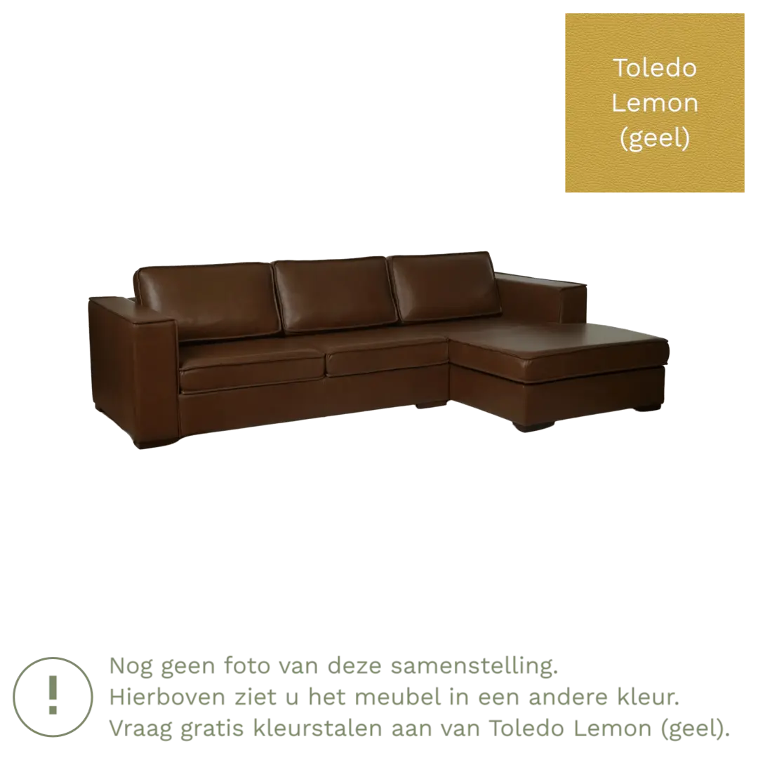 afbeelding van Leren hoekbank Fine - 3 zits arm links + longchair rechts - Toledo Lemon (geel) - Poten hout zwart
