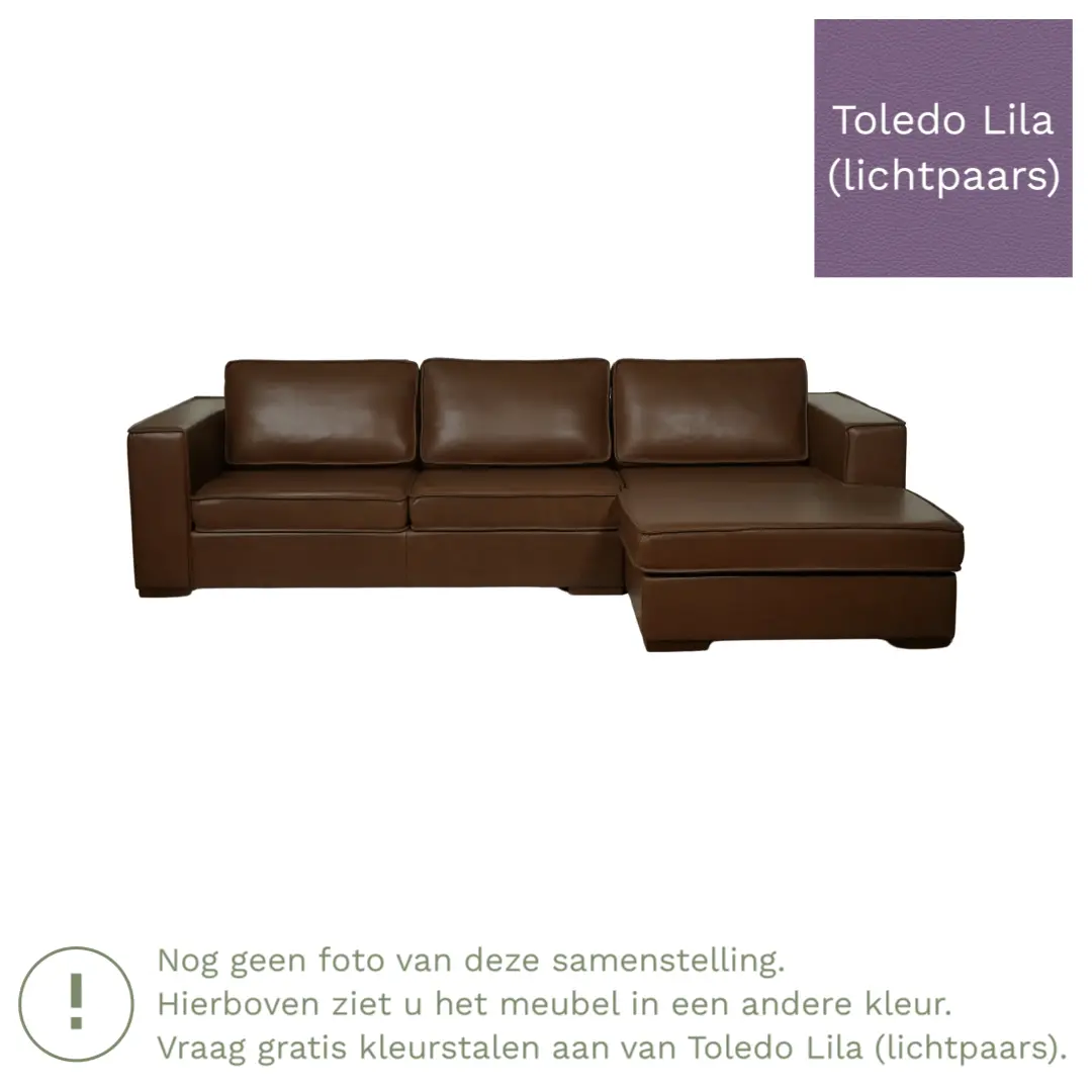 afbeelding van Leren hoekbank Fine - 3 zits arm links + longchair rechts - Toledo Lila (lichtpaars) - Poten hout bruin